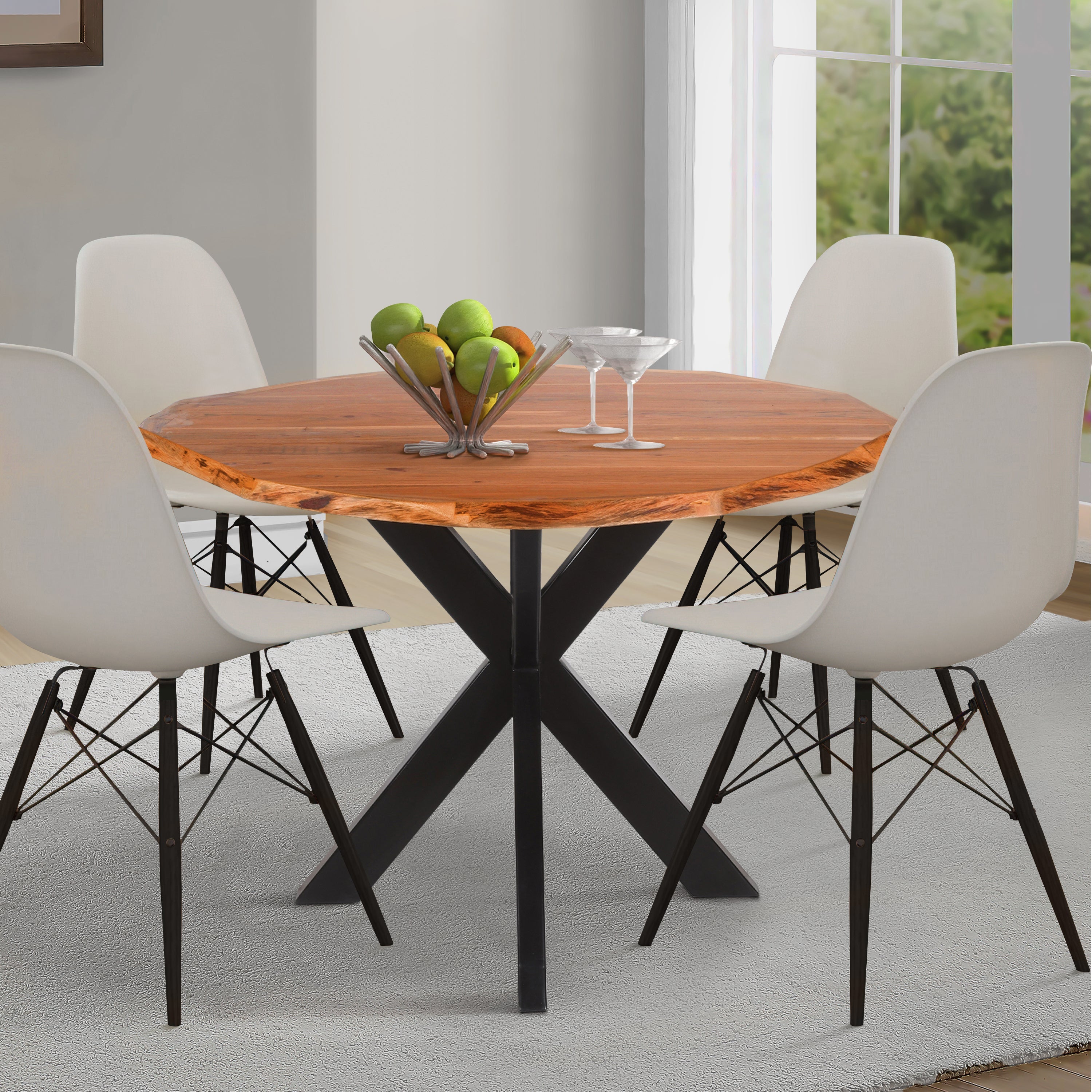 The Urban Port Kuri 41 Inch Handcrafted Live Edge Round Dining Table with a Natural Brown Acacia Wood Top And Black Iron Legs