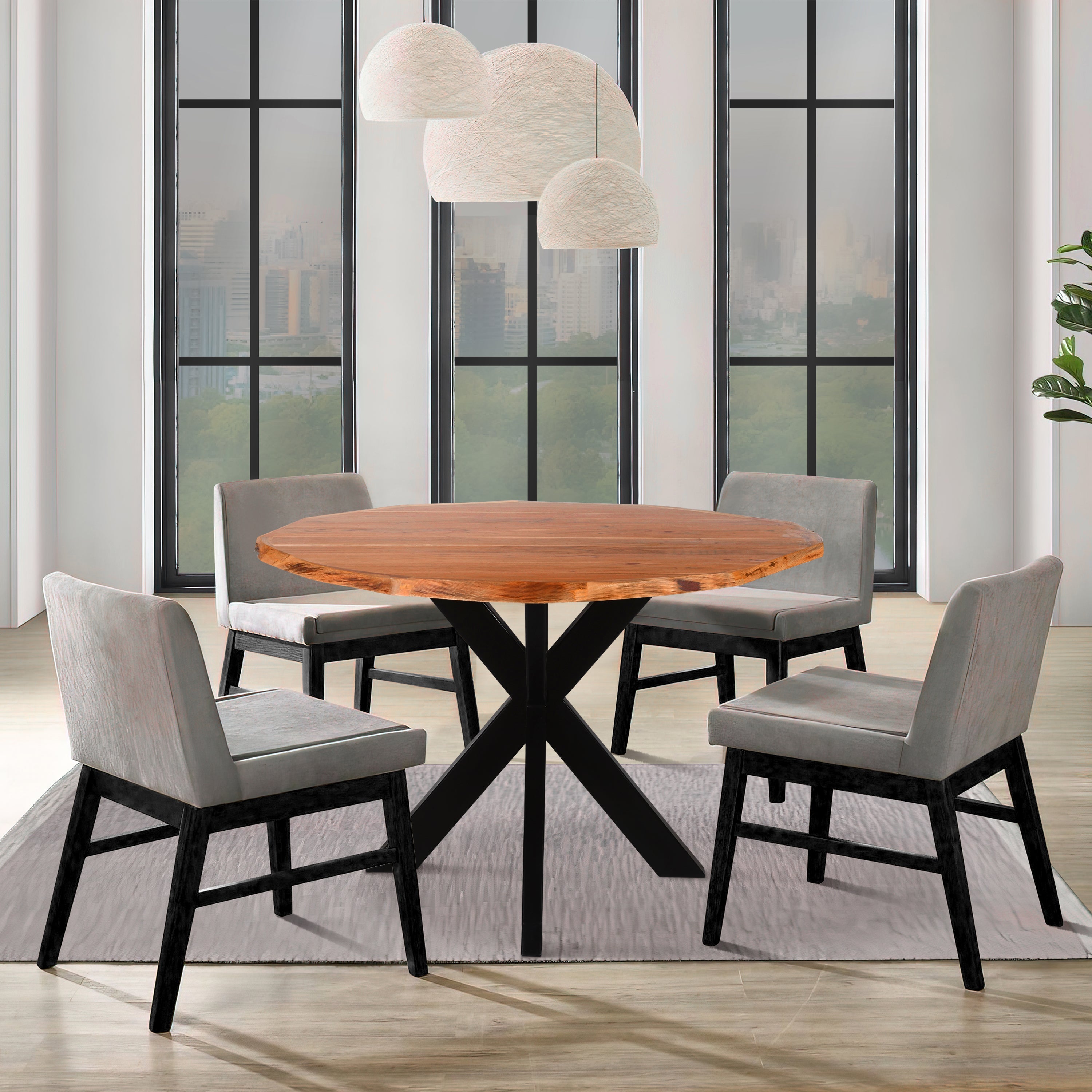 The Urban Port Kuri 41 Inch Handcrafted Live Edge Round Dining Table with a Natural Brown Acacia Wood Top And Black Iron Legs
