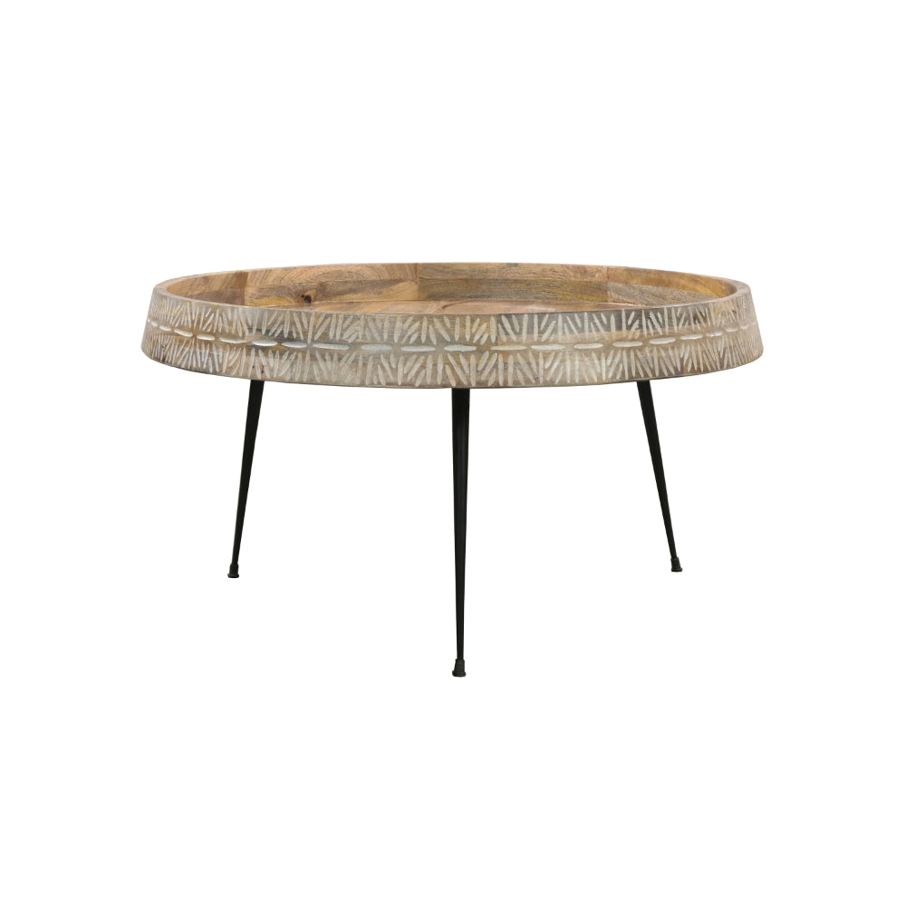 The Urban Port Gia 29 Inch Modern Handcrafted Round Coffee Table, Natural Brown Wood Top with Carved Edge, Black Iron Legs