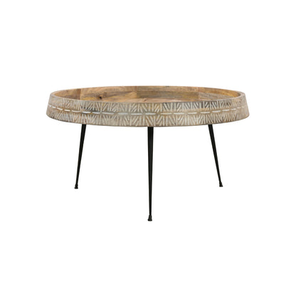 The Urban Port Gia 29 Inch Modern Handcrafted Round Coffee Table, Natural Brown Wood Top with Carved Edge, Black Iron Legs