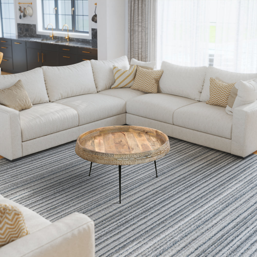 The Urban Port Gia 29 Inch Modern Handcrafted Round Coffee Table, Natural Brown Wood Top with Carved Edge, Black Iron Legs