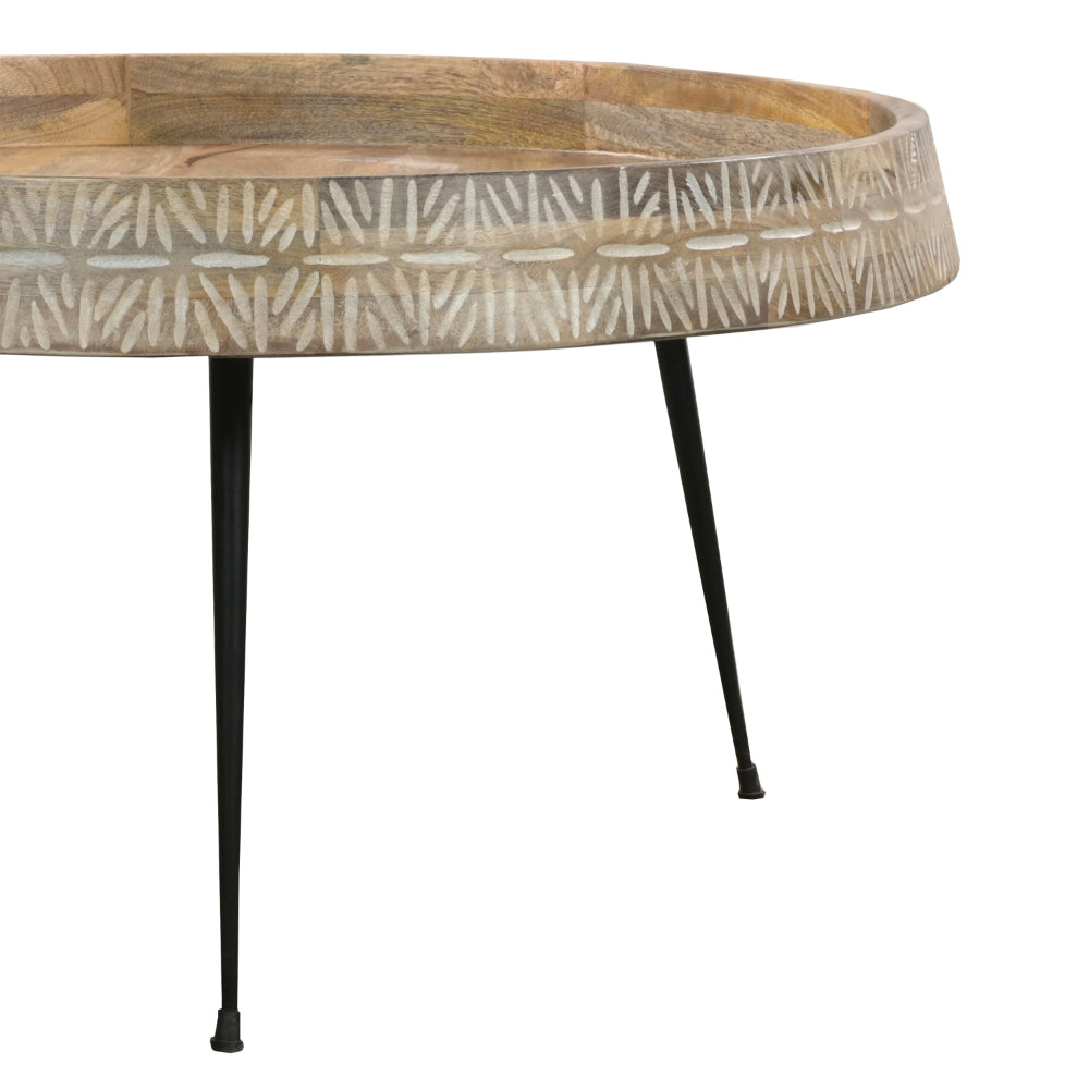 The Urban Port Gia 29 Inch Modern Handcrafted Round Coffee Table, Natural Brown Wood Top with Carved Edge, Black Iron Legs