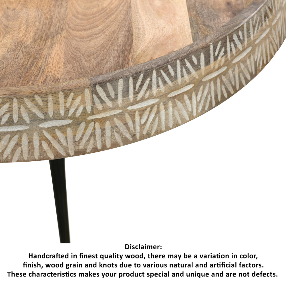 The Urban Port Gia 29 Inch Modern Handcrafted Round Coffee Table, Natural Brown Wood Top with Carved Edge, Black Iron Legs