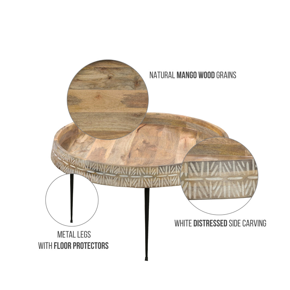 The Urban Port Gia 29 Inch Modern Handcrafted Round Coffee Table, Natural Brown Wood Top with Carved Edge, Black Iron Legs