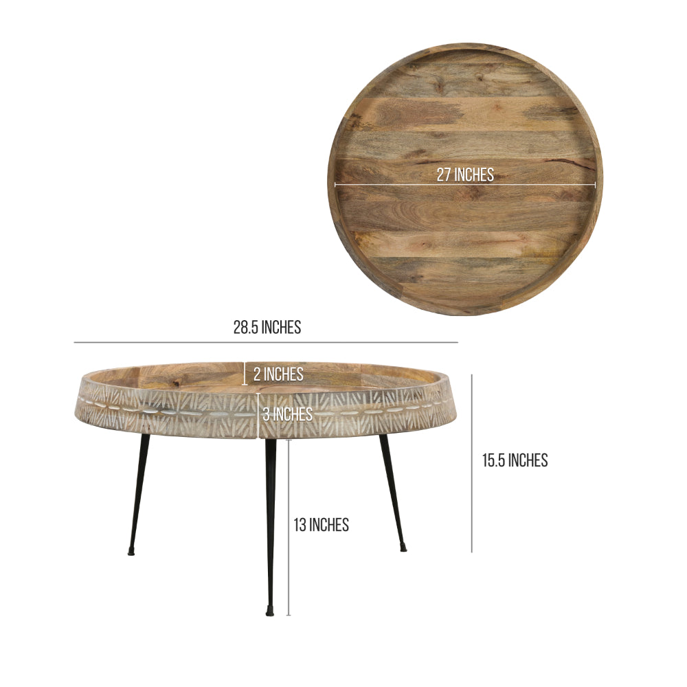 The Urban Port Gia 29 Inch Modern Handcrafted Round Coffee Table, Natural Brown Wood Top with Carved Edge, Black Iron Legs