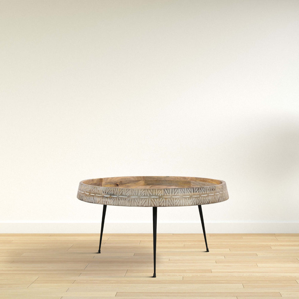 The Urban Port Gia 29 Inch Modern Handcrafted Round Coffee Table, Natural Brown Wood Top with Carved Edge, Black Iron Legs