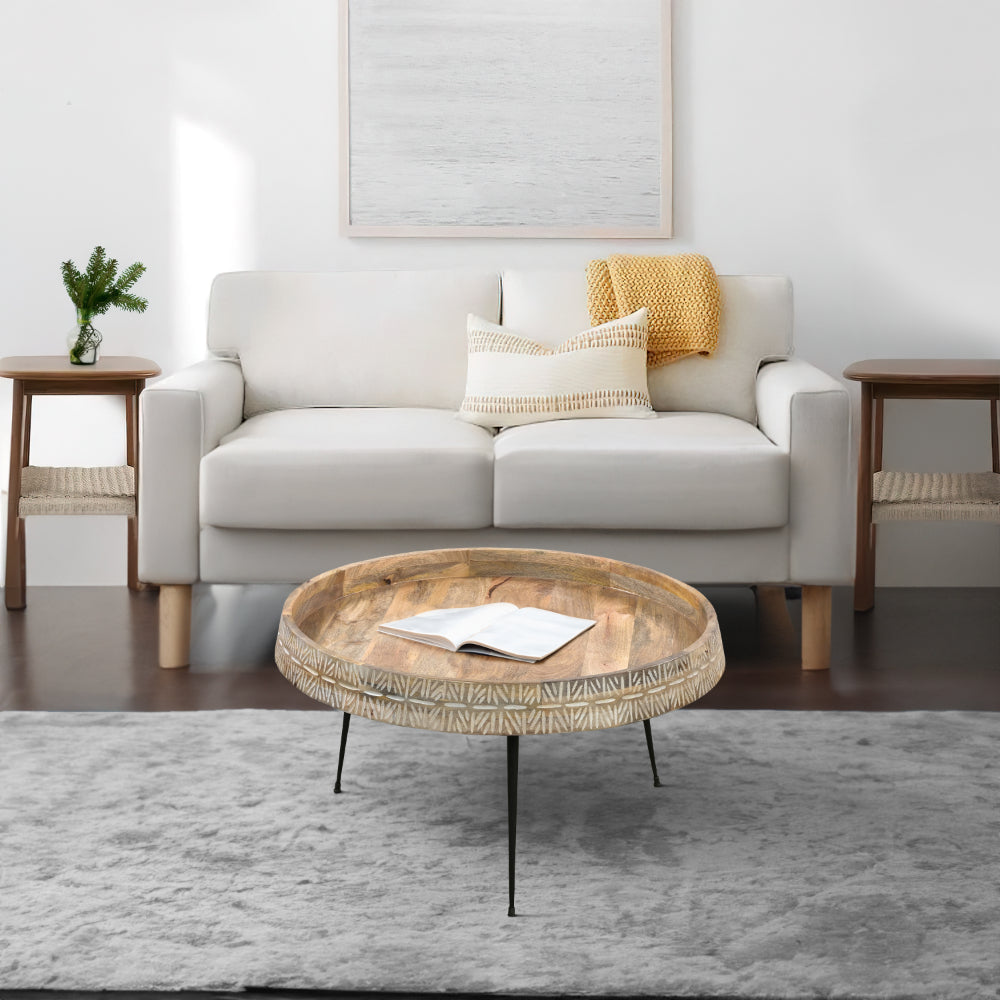 The Urban Port Gia 29 Inch Modern Handcrafted Round Coffee Table, Natural Brown Wood Top with Carved Edge, Black Iron Legs