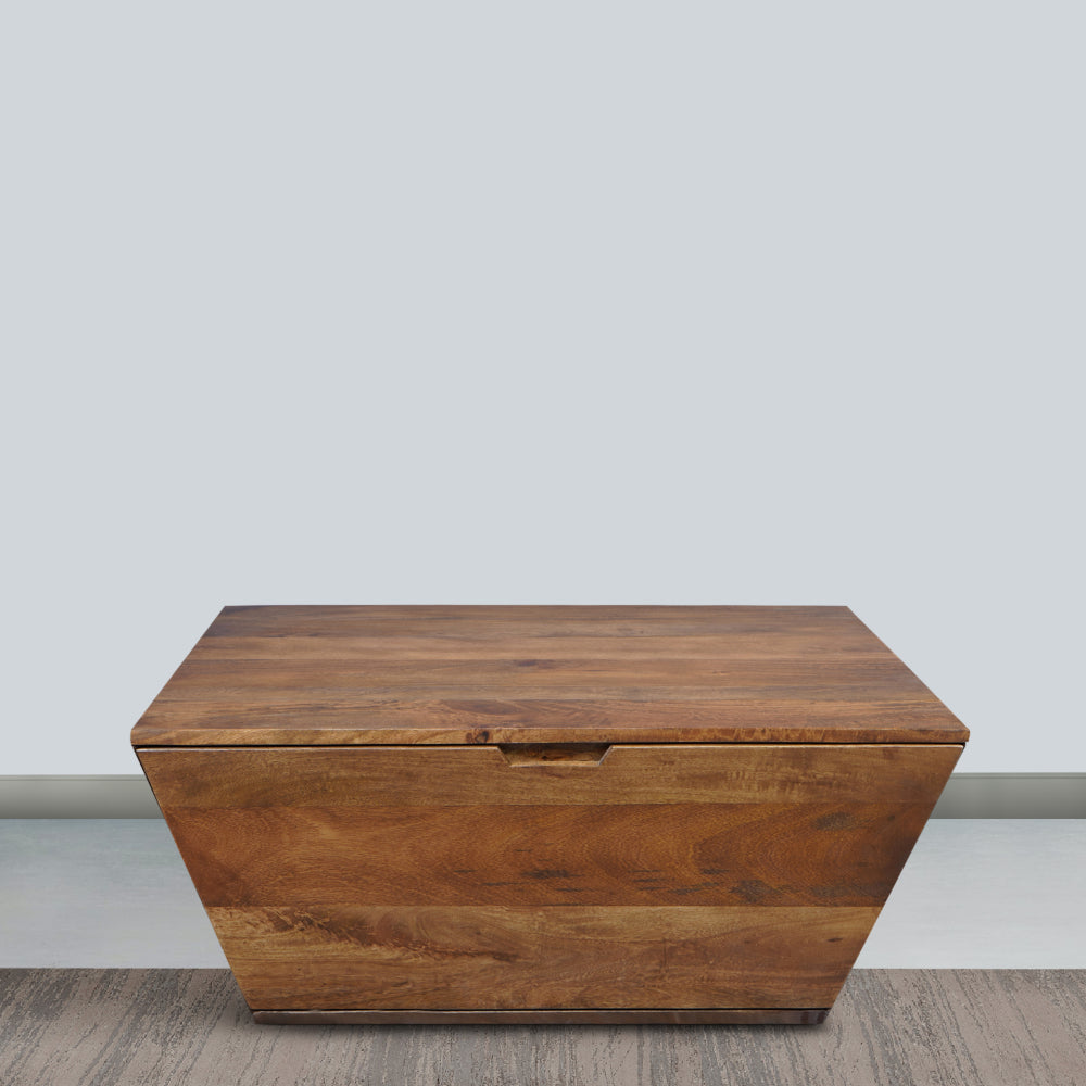 The Urban Port 36 Inch Handcrafted Modern Farmhouse Coffee Table, Geometric Angled Square, 1 Drawer, Walnut Mango Wood