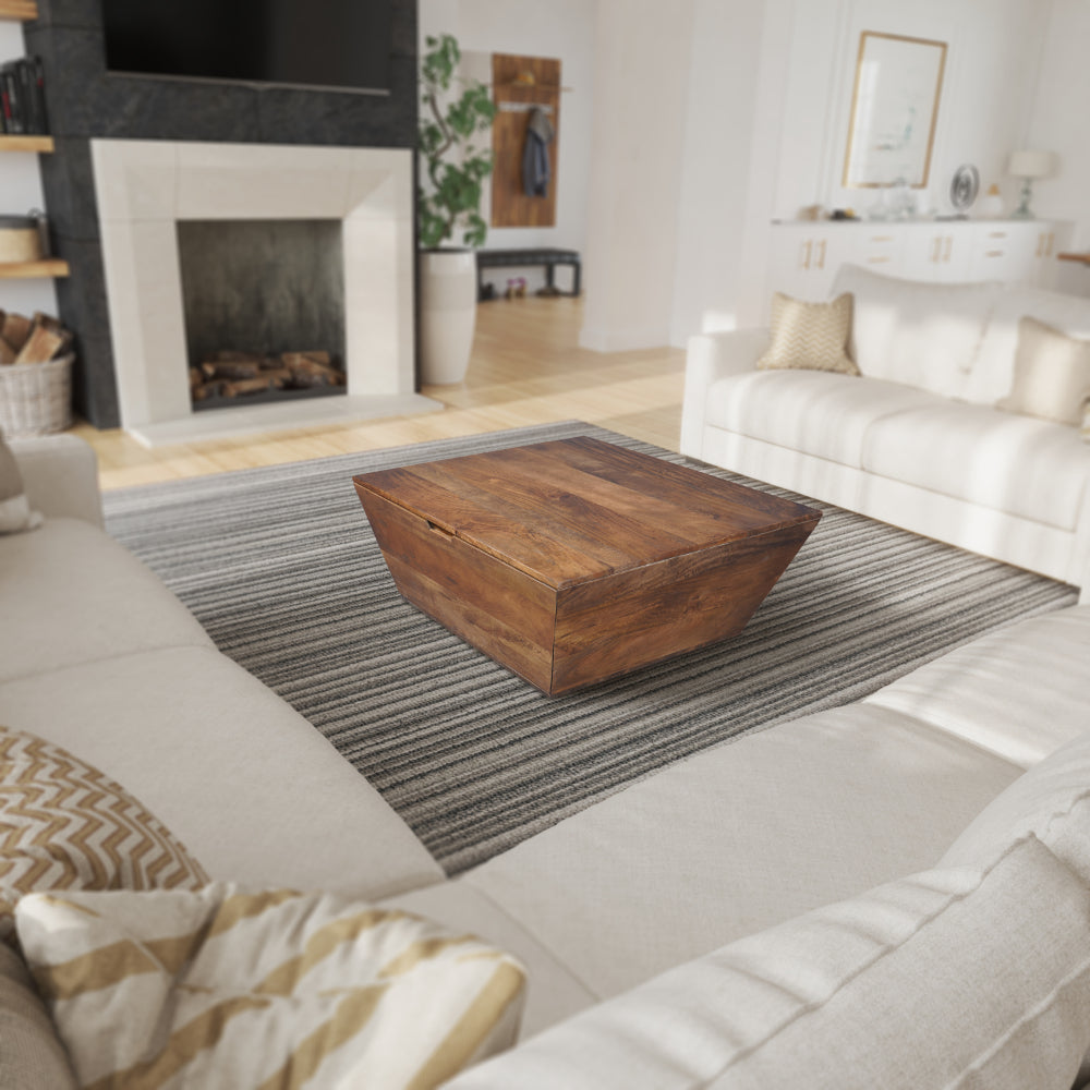 The Urban Port 36 Inch Handcrafted Modern Farmhouse Coffee Table, Geometric Angled Square, 1 Drawer, Walnut Mango Wood