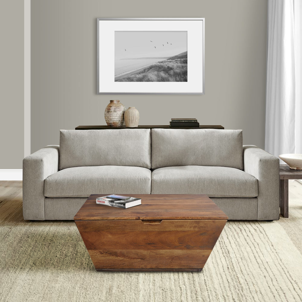 The Urban Port 36 Inch Handcrafted Modern Farmhouse Coffee Table, Geometric Angled Square, 1 Drawer, Walnut Mango Wood