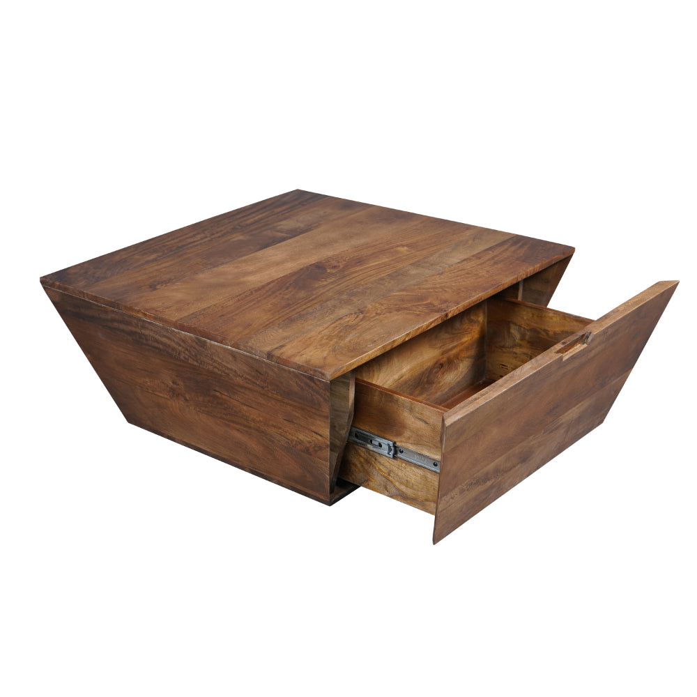 The Urban Port 36 Inch Handcrafted Modern Farmhouse Coffee Table, Geometric Angled Square, 1 Drawer, Walnut Mango Wood