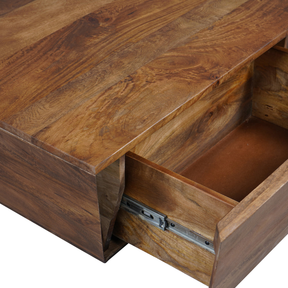 The Urban Port 36 Inch Handcrafted Modern Farmhouse Coffee Table, Geometric Angled Square, 1 Drawer, Walnut Mango Wood