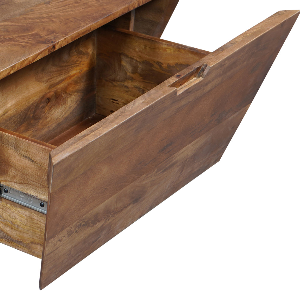The Urban Port 36 Inch Handcrafted Modern Farmhouse Coffee Table, Geometric Angled Square, 1 Drawer, Walnut Mango Wood