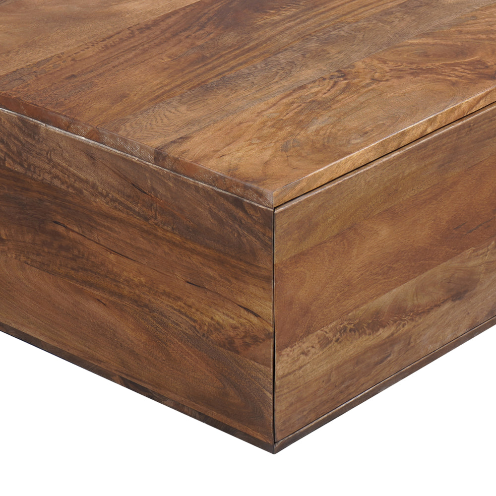 The Urban Port 36 Inch Handcrafted Modern Farmhouse Coffee Table, Geometric Angled Square, 1 Drawer, Walnut Mango Wood