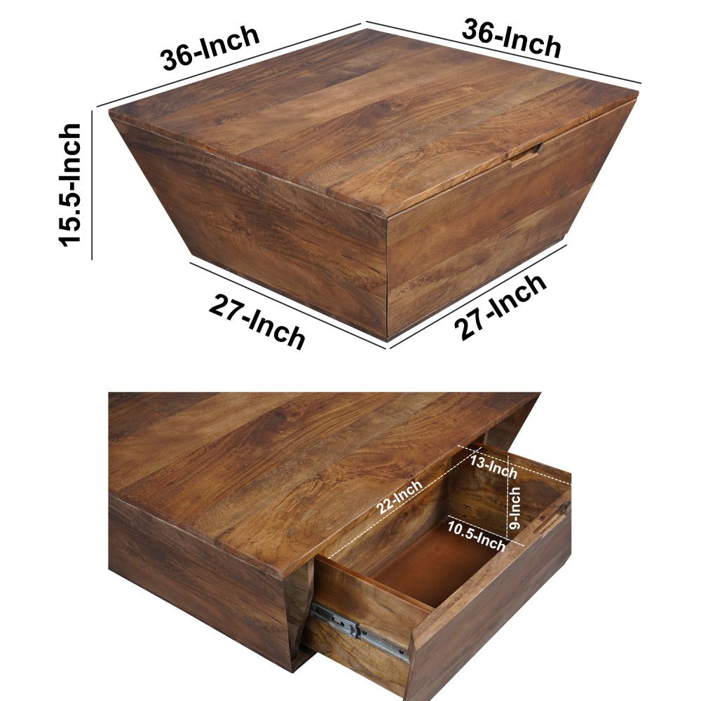 The Urban Port 36 Inch Handcrafted Modern Farmhouse Coffee Table, Geometric Angled Square, 1 Drawer, Walnut Mango Wood