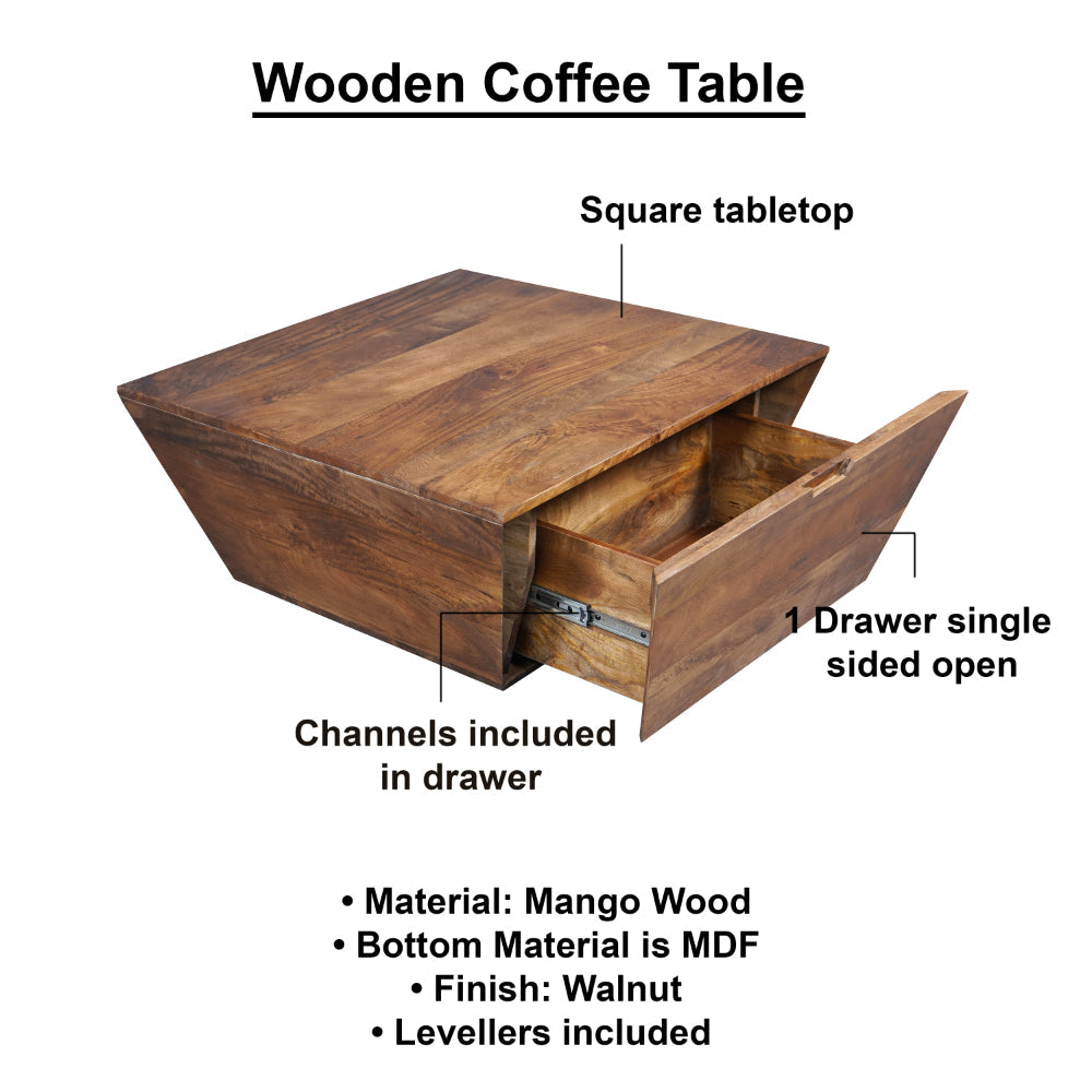 The Urban Port 36 Inch Handcrafted Modern Farmhouse Coffee Table, Geometric Angled Square, 1 Drawer, Walnut Mango Wood