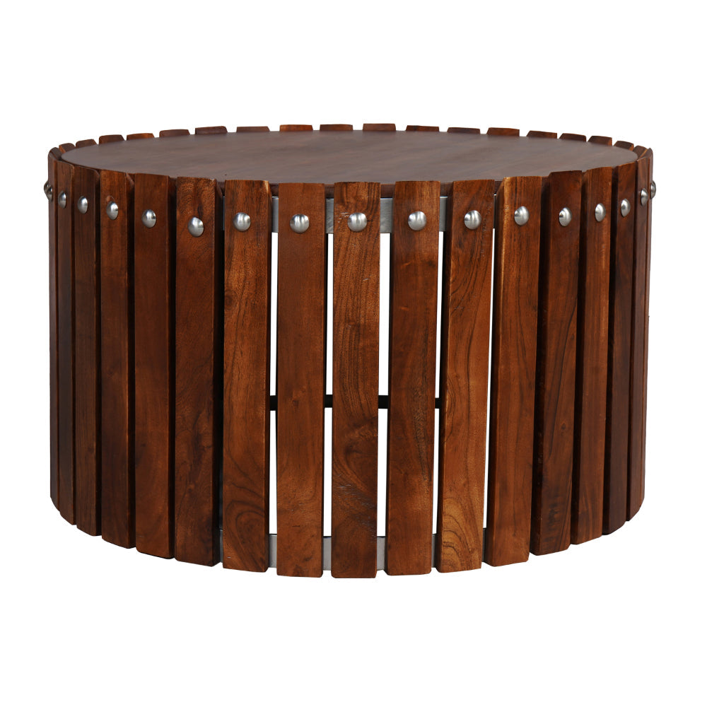 The Urban Port Myla 31 Inch Handcrafted Round Coffee Table with Vertical Planks, Iron Rivets, Dark Walnut Brown Acacia Wood