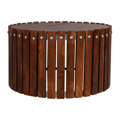 The Urban Port Myla 31 Inch Handcrafted Round Coffee Table with Vertical Planks, Iron Rivets, Dark Walnut Brown Acacia Wood