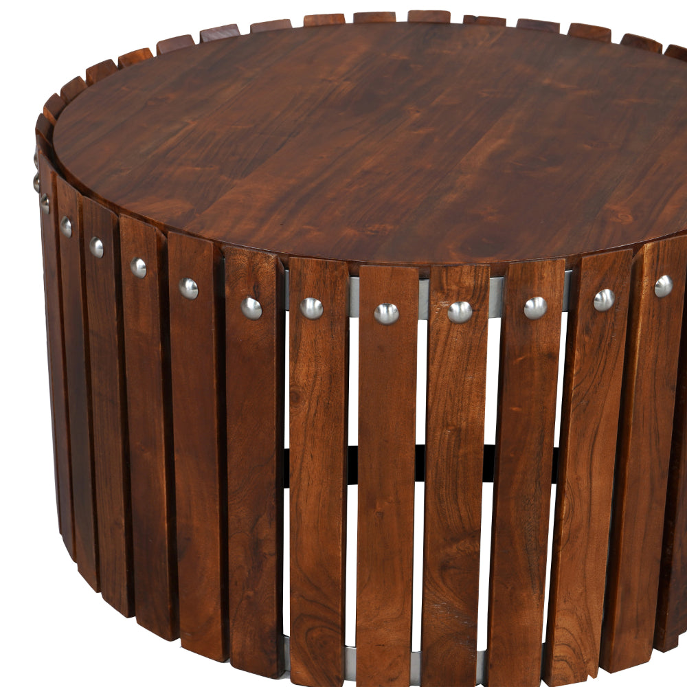 The Urban Port Myla 31 Inch Handcrafted Round Coffee Table with Vertical Planks, Iron Rivets, Dark Walnut Brown Acacia Wood