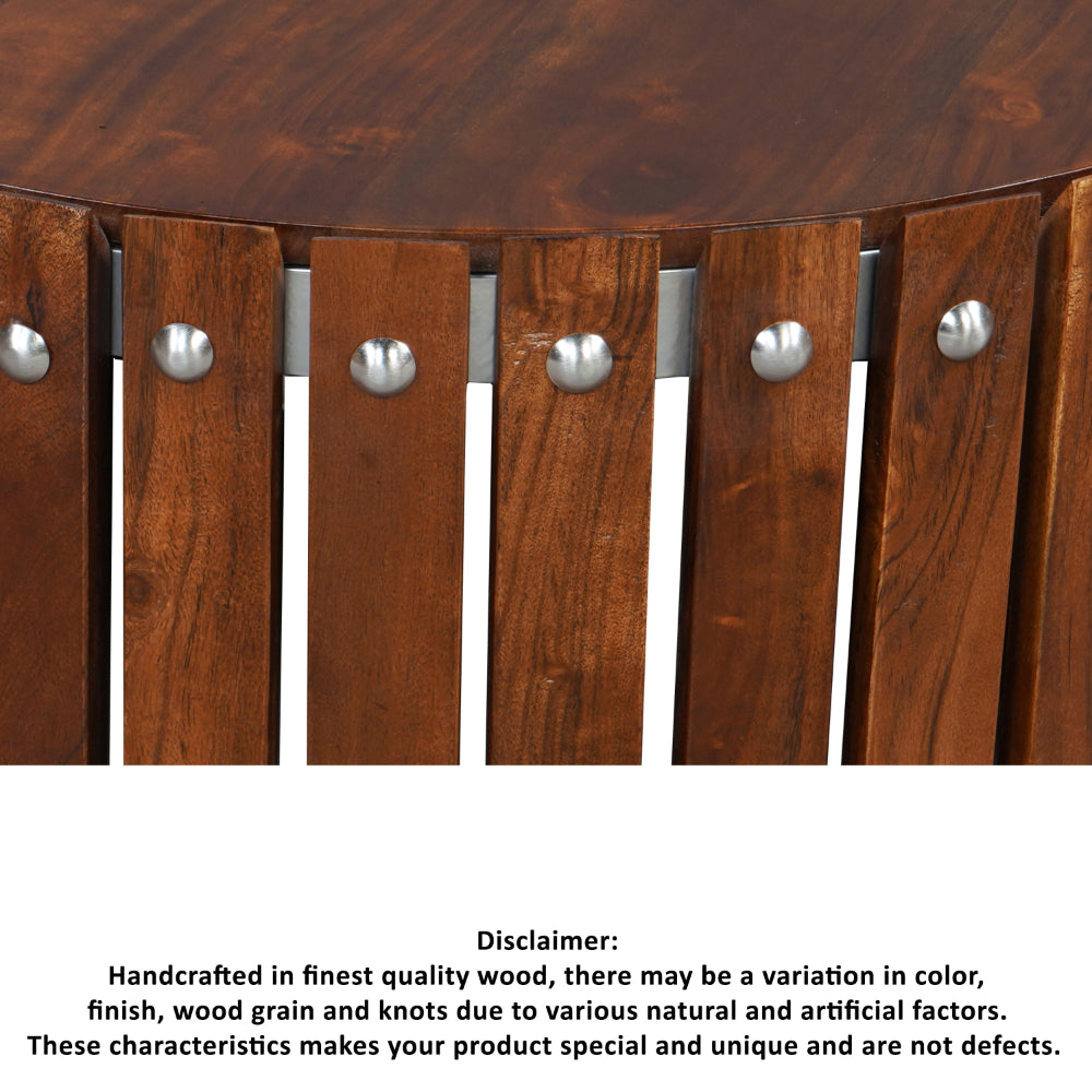 The Urban Port Myla 31 Inch Handcrafted Round Coffee Table with Vertical Planks, Iron Rivets, Dark Walnut Brown Acacia Wood