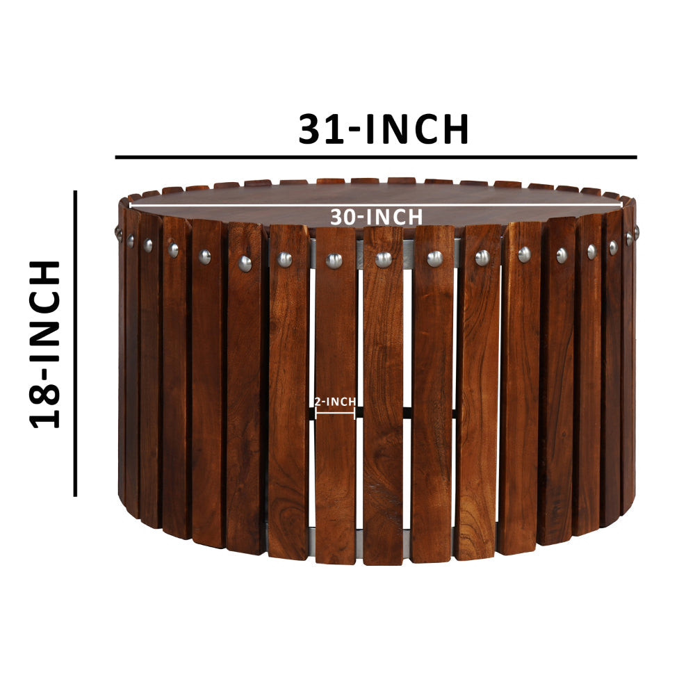 The Urban Port Myla 31 Inch Handcrafted Round Coffee Table with Vertical Planks, Iron Rivets, Dark Walnut Brown Acacia Wood