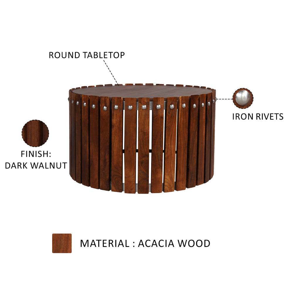 The Urban Port Myla 31 Inch Handcrafted Round Coffee Table with Vertical Planks, Iron Rivets, Dark Walnut Brown Acacia Wood