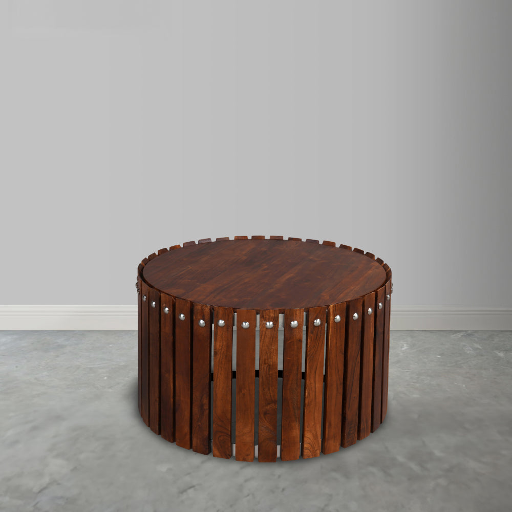 The Urban Port Myla 31 Inch Handcrafted Round Coffee Table with Vertical Planks, Iron Rivets, Dark Walnut Brown Acacia Wood