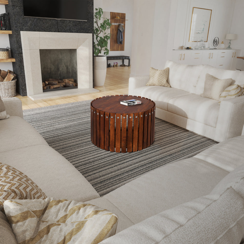 The Urban Port Myla 31 Inch Handcrafted Round Coffee Table with Vertical Planks, Iron Rivets, Dark Walnut Brown Acacia Wood