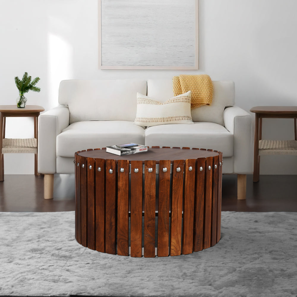 The Urban Port Myla 31 Inch Handcrafted Round Coffee Table with Vertical Planks, Iron Rivets, Dark Walnut Brown Acacia Wood