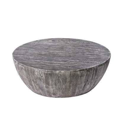 The Urban Port Arthur 36 Inch Farmhouse Style Handcrafted Mango Wood Coffee Table, Round Drum Shape, Sandblasted Black