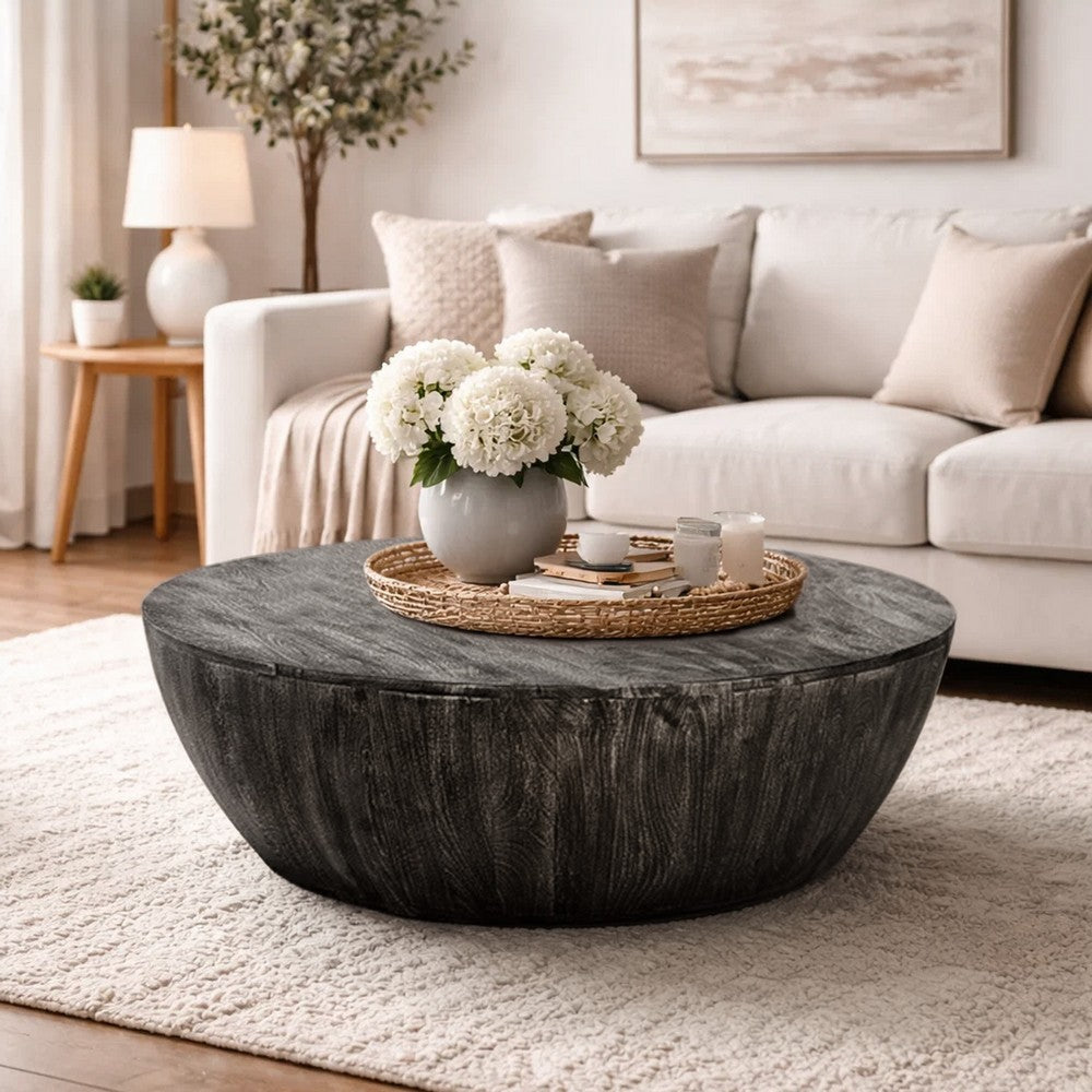 The Urban Port Arthur 36 Inch Farmhouse Style Handcrafted Mango Wood Coffee Table, Round Drum Shape, Sandblasted Black