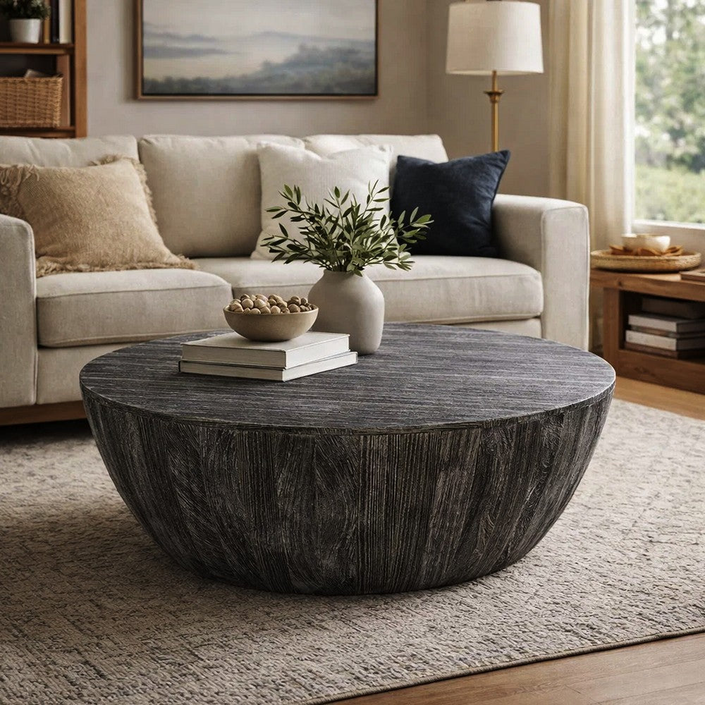 The Urban Port Arthur 36 Inch Farmhouse Style Handcrafted Mango Wood Coffee Table, Round Drum Shape, Sandblasted Black