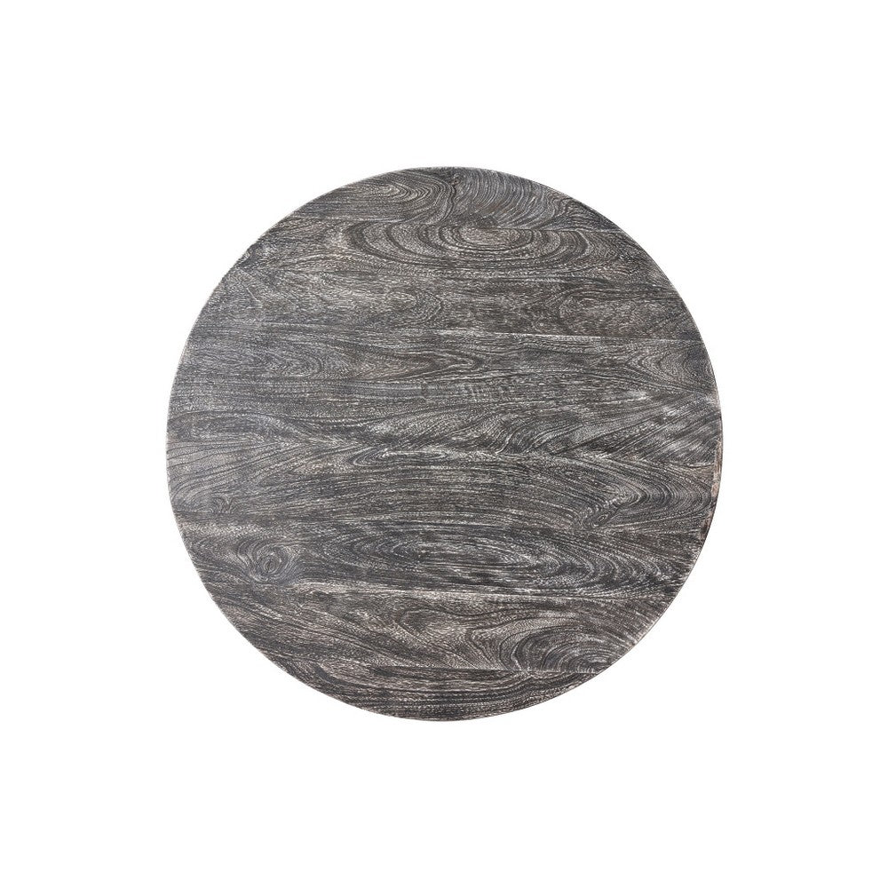 The Urban Port Arthur 36 Inch Farmhouse Style Handcrafted Mango Wood Coffee Table, Round Drum Shape, Sandblasted Black