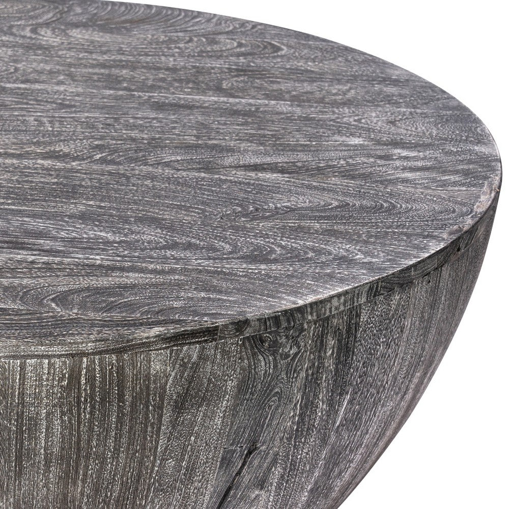 The Urban Port Arthur 36 Inch Farmhouse Style Handcrafted Mango Wood Coffee Table, Round Drum Shape, Sandblasted Black