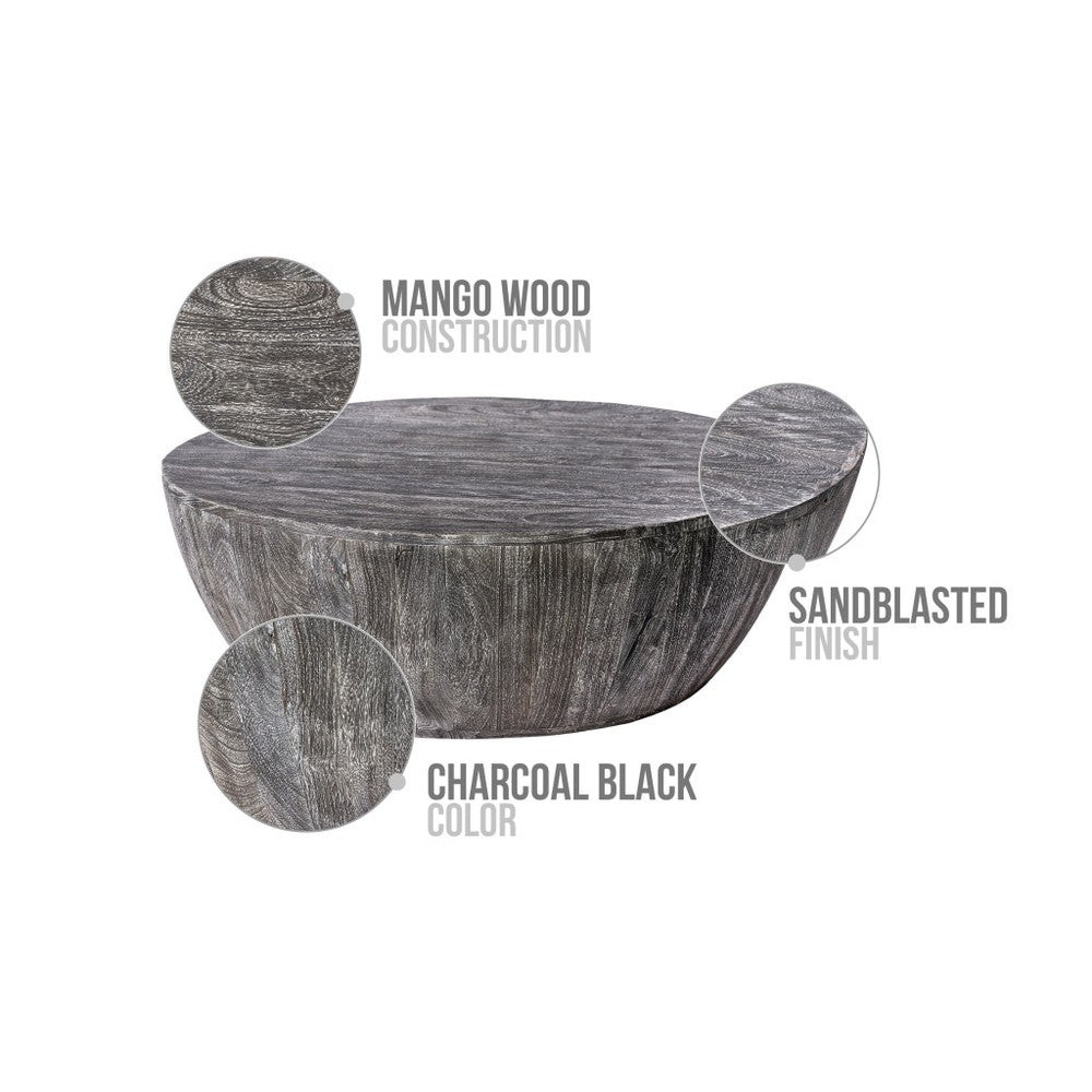 The Urban Port Arthur 36 Inch Farmhouse Style Handcrafted Mango Wood Coffee Table, Round Drum Shape, Sandblasted Black