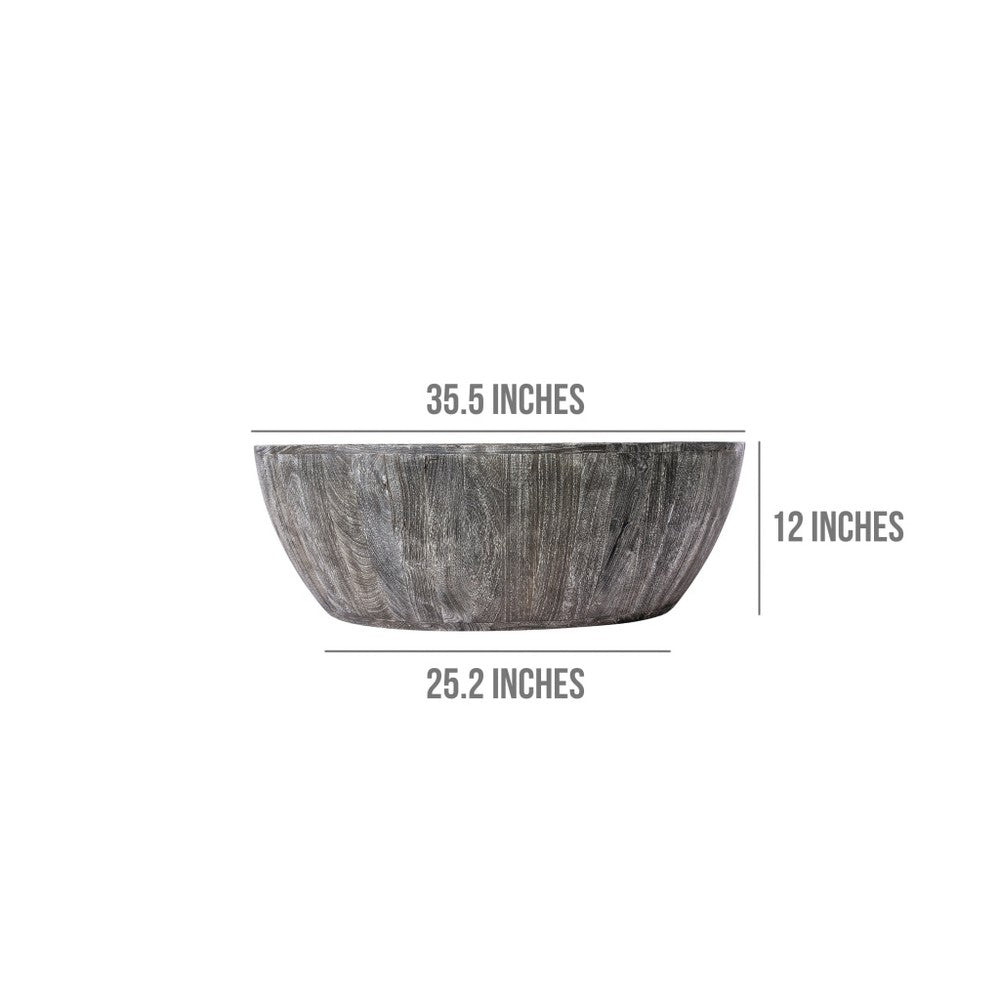 The Urban Port Arthur 36 Inch Farmhouse Style Handcrafted Mango Wood Coffee Table, Round Drum Shape, Sandblasted Black