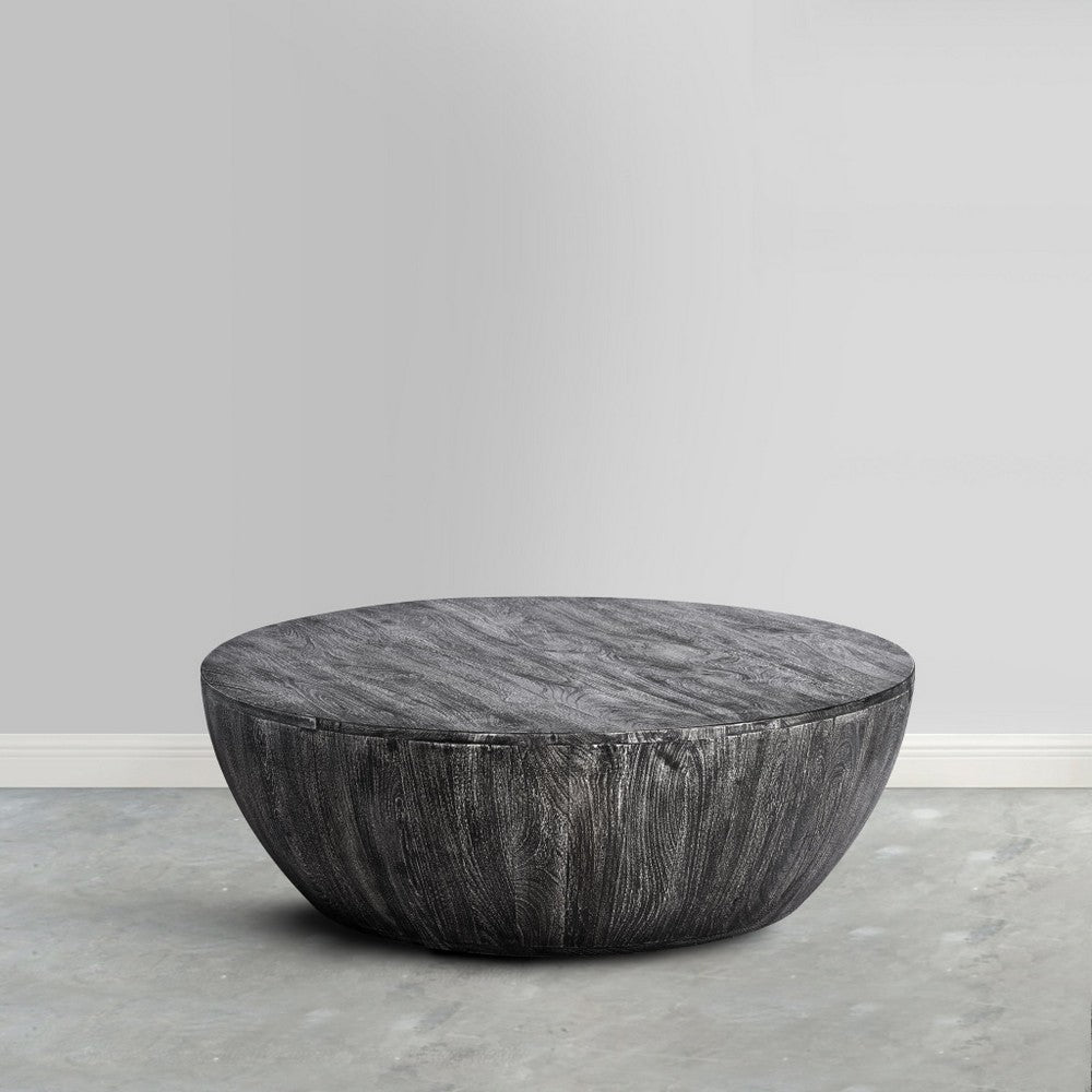 The Urban Port Arthur 36 Inch Farmhouse Style Handcrafted Mango Wood Coffee Table, Round Drum Shape, Sandblasted Black