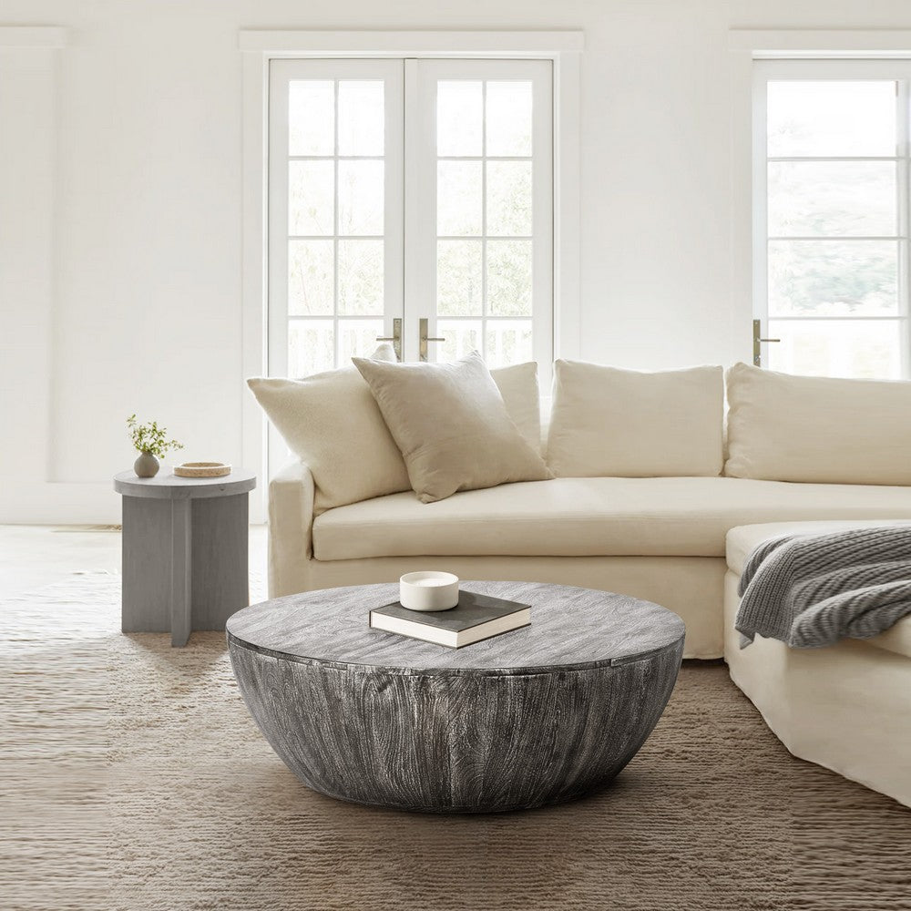 The Urban Port Arthur 36 Inch Farmhouse Style Handcrafted Mango Wood Coffee Table, Round Drum Shape, Sandblasted Black