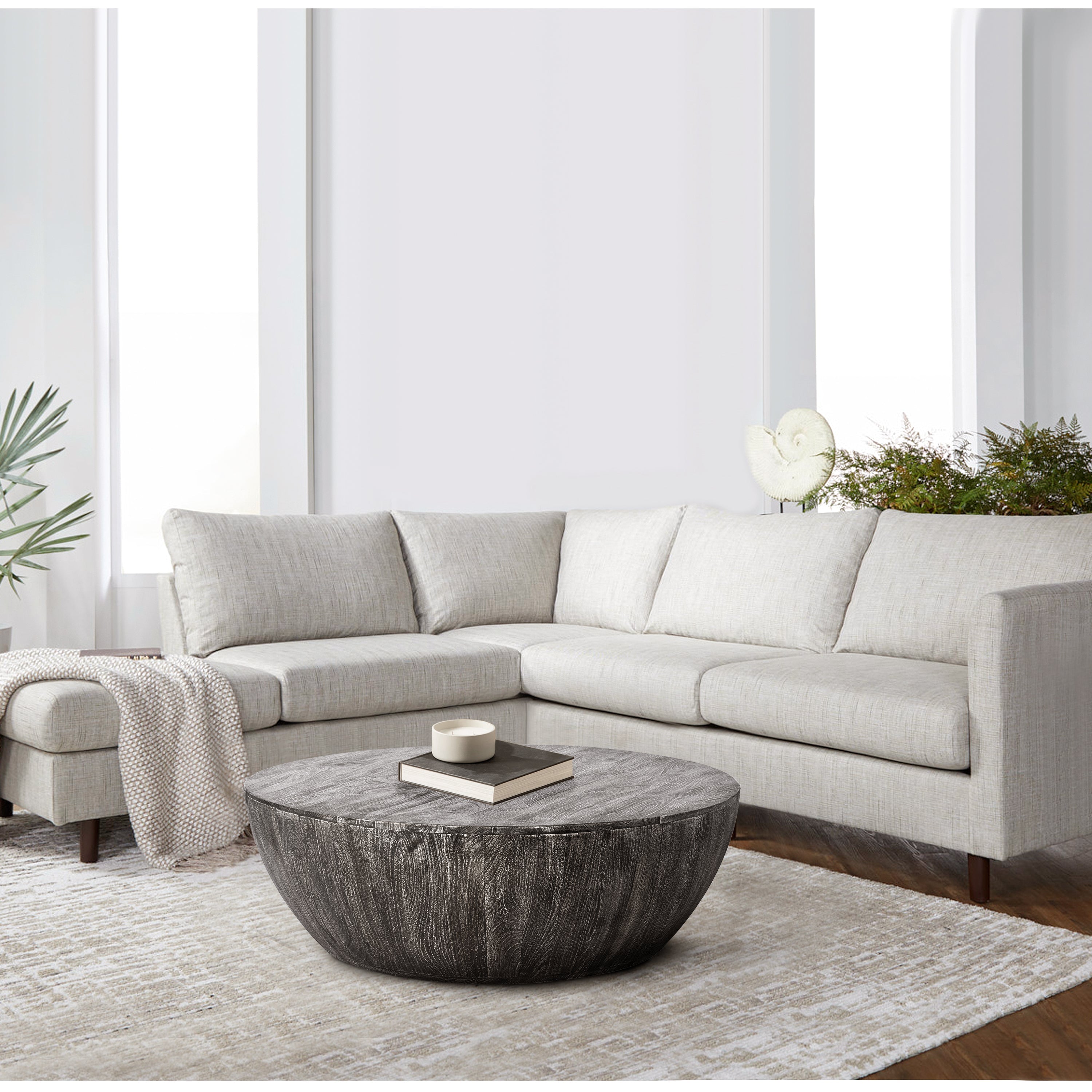 The Urban Port Arthur 36 Inch Farmhouse Style Handcrafted Mango Wood Coffee Table, Round Drum Shape, Sandblasted Black
