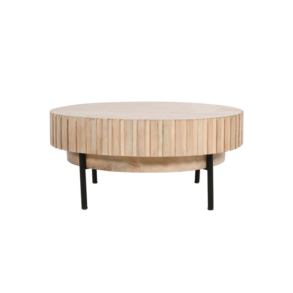 The Urban Port 36 Inch Modern Handcrafted Round Coffee Table, Oak White Wood Top with Grooved Edges, Black Iron Legs