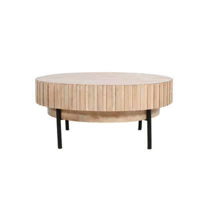 The Urban Port 36 Inch Modern Handcrafted Round Coffee Table, Oak White Wood Top with Grooved Edges, Black Iron Legs