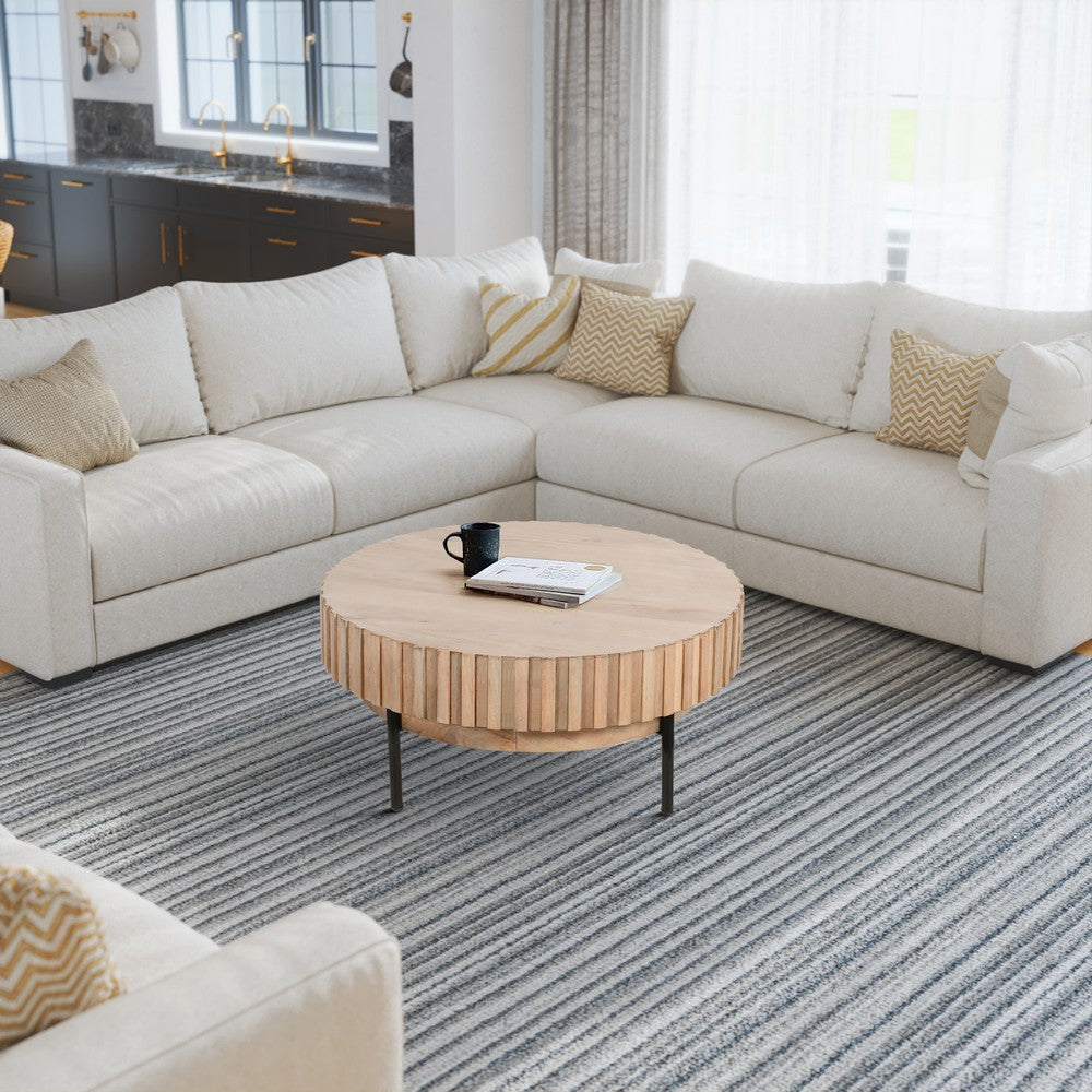 The Urban Port 36 Inch Modern Handcrafted Round Coffee Table, Oak White Wood Top with Grooved Edges, Black Iron Legs