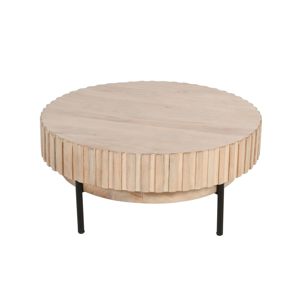 The Urban Port 36 Inch Modern Handcrafted Round Coffee Table, Oak White Wood Top with Grooved Edges, Black Iron Legs
