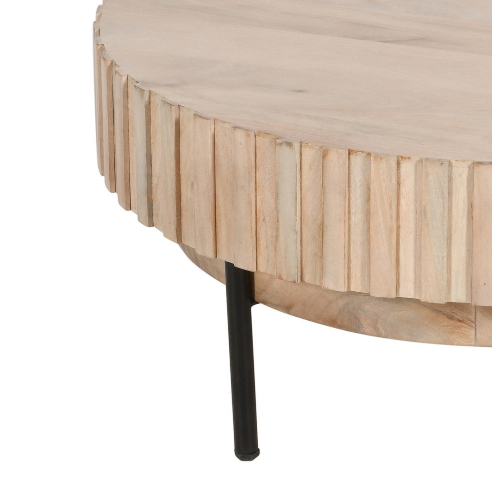 The Urban Port 36 Inch Modern Handcrafted Round Coffee Table, Oak White Wood Top with Grooved Edges, Black Iron Legs