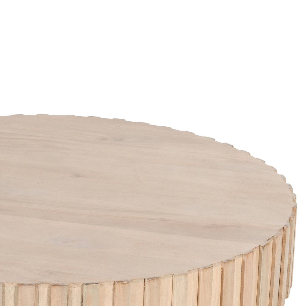 The Urban Port 36 Inch Modern Handcrafted Round Coffee Table, Oak White Wood Top with Grooved Edges, Black Iron Legs