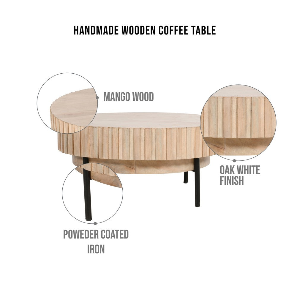 The Urban Port 36 Inch Modern Handcrafted Round Coffee Table, Oak White Wood Top with Grooved Edges, Black Iron Legs