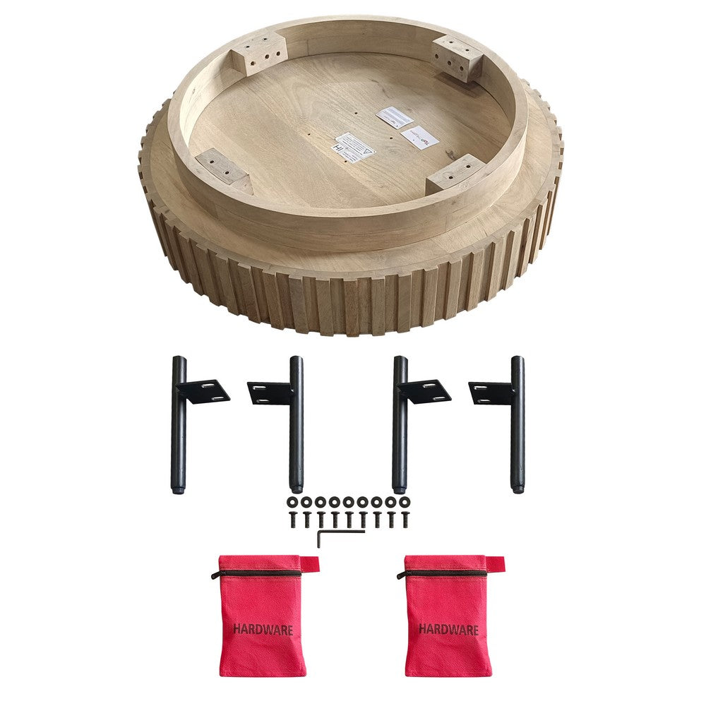 The Urban Port 36 Inch Modern Handcrafted Round Coffee Table, Oak White Wood Top with Grooved Edges, Black Iron Legs