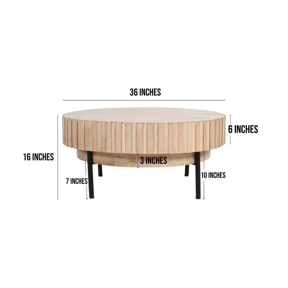 The Urban Port 36 Inch Modern Handcrafted Round Coffee Table, Oak White Wood Top with Grooved Edges, Black Iron Legs