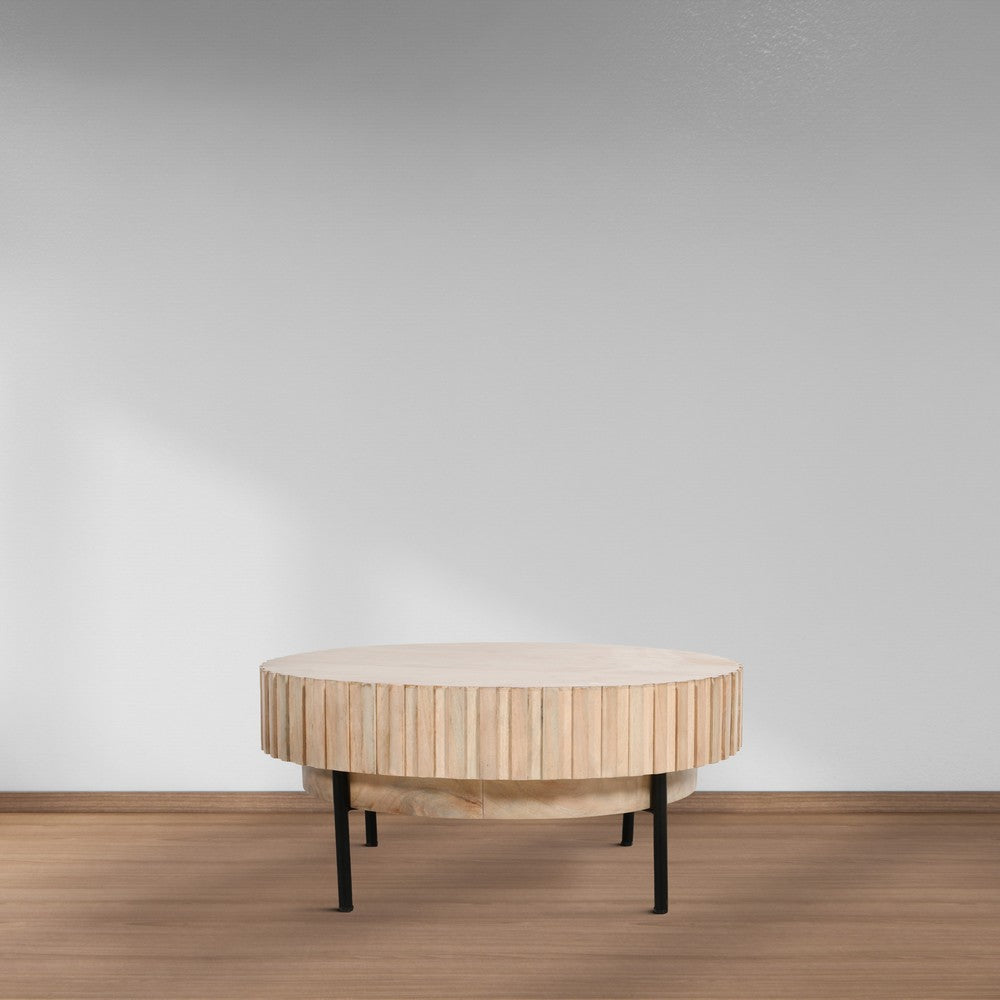 The Urban Port 36 Inch Modern Handcrafted Round Coffee Table, Oak White Wood Top with Grooved Edges, Black Iron Legs