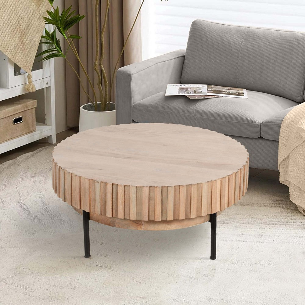 The Urban Port 36 Inch Modern Handcrafted Round Coffee Table, Oak White Wood Top with Grooved Edges, Black Iron Legs